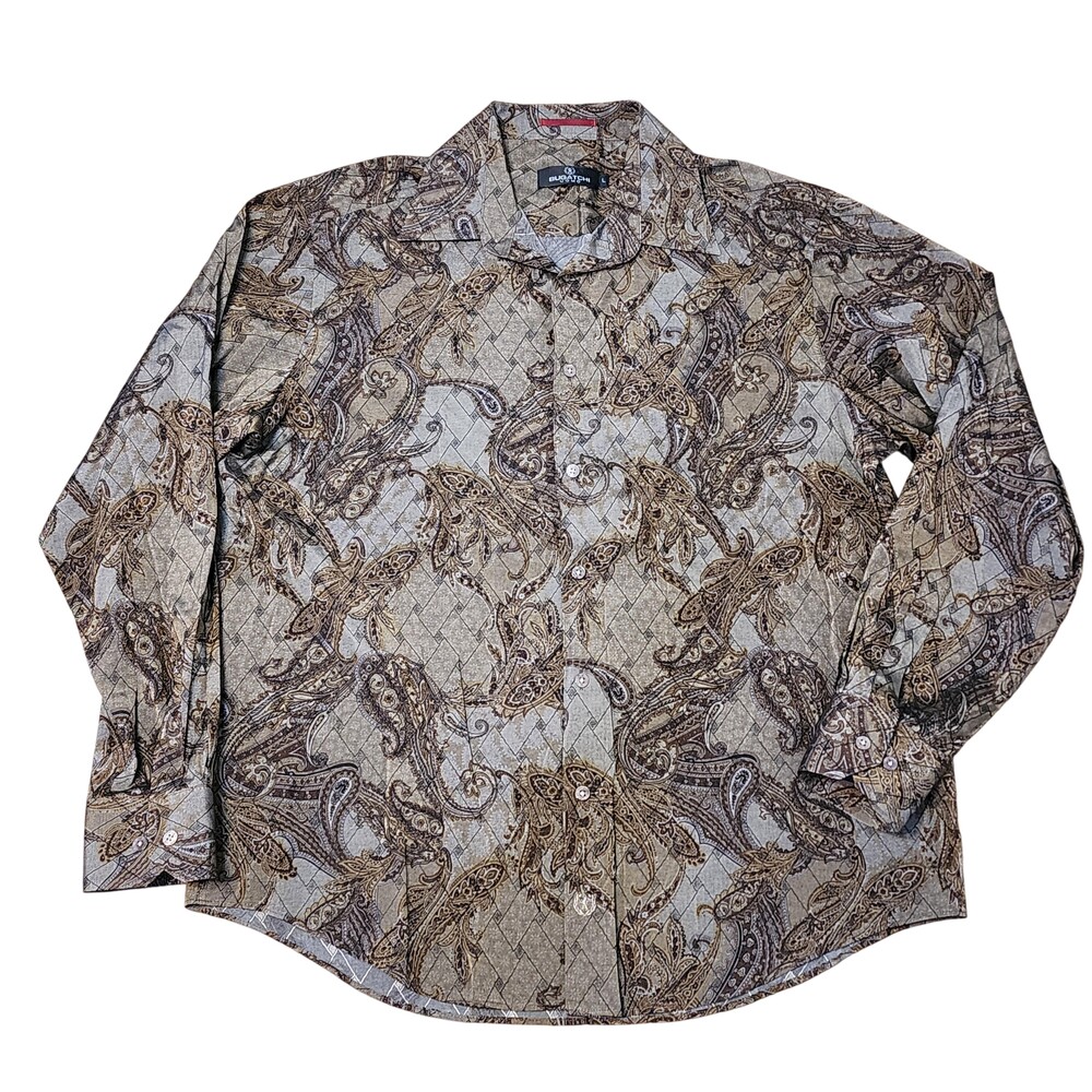 Bugatchi Uomo Shirt Mens Large Gray Paisley Microfiber Button Front Casual
